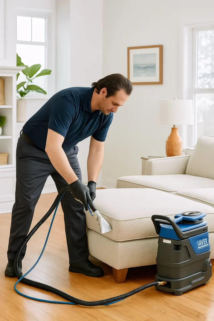 Professional upholstery cleaning by an Angelo's Hard Floor & Duct Cleaning team member
