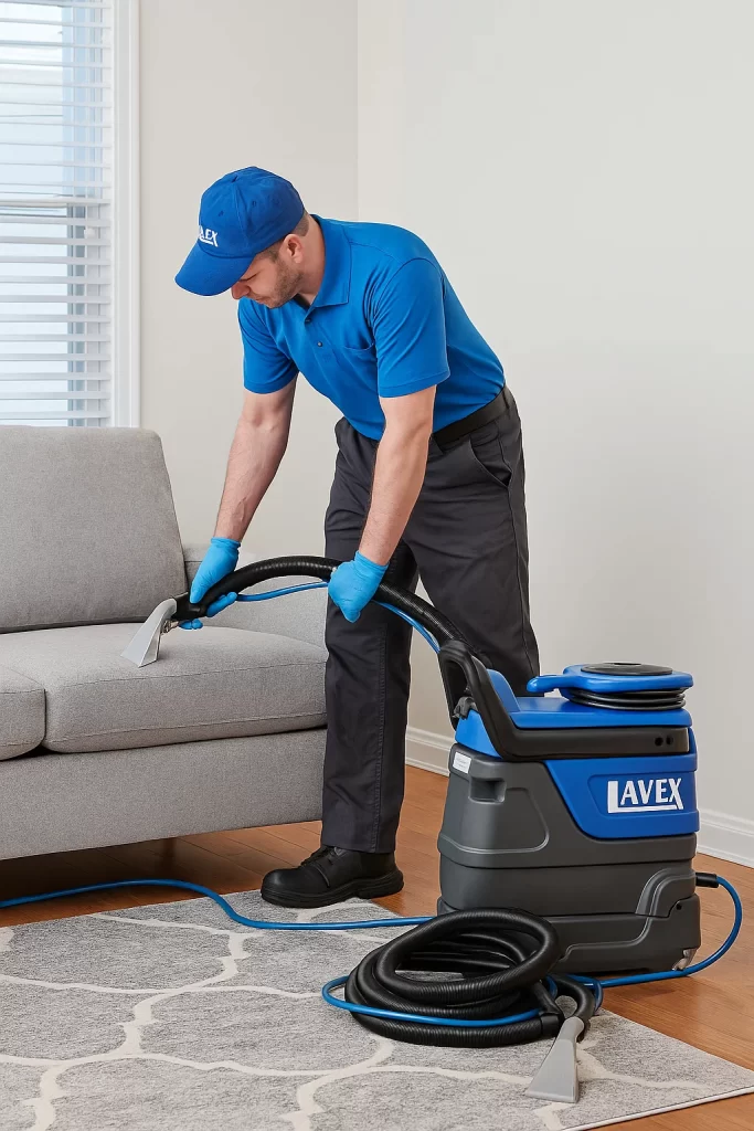 Professional upholstery cleaning by an Angelo's Hard Floor & Duct Cleaning team member