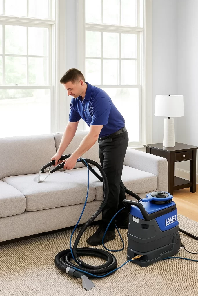 Professional upholstery cleaning by an Angelo's Hard Floor & Duct Cleaning team member