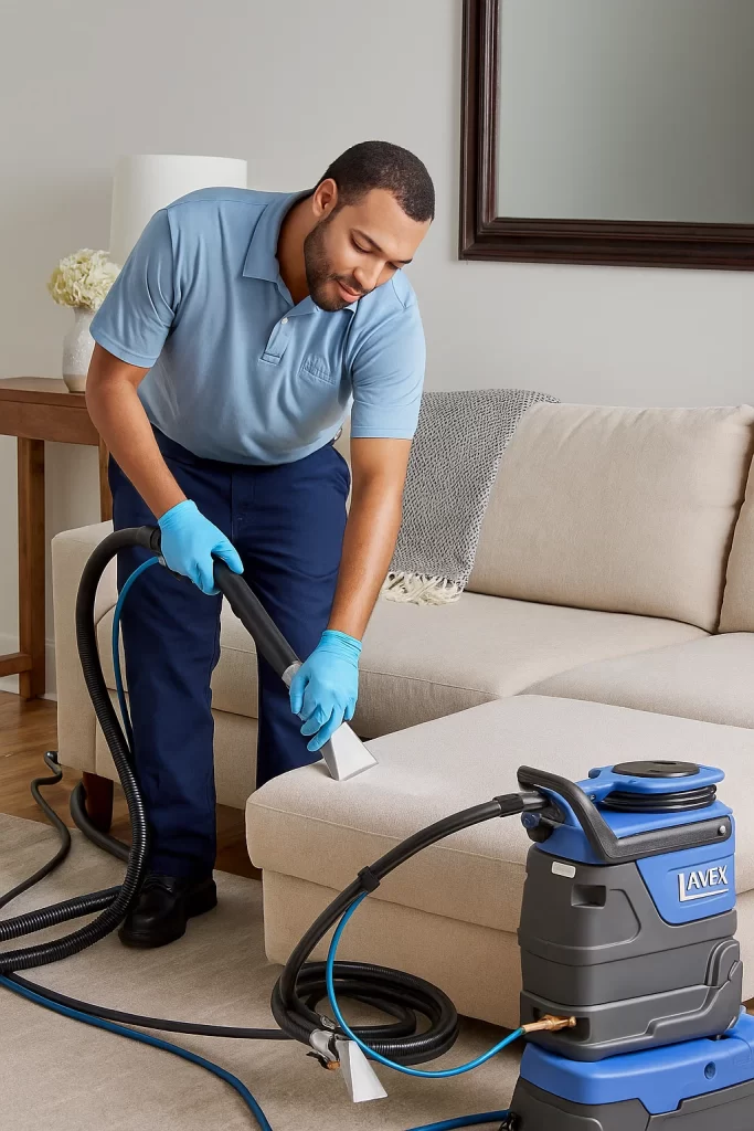 Professional upholstery cleaning by an Angelo's Hard Floor & Duct Cleaning team member