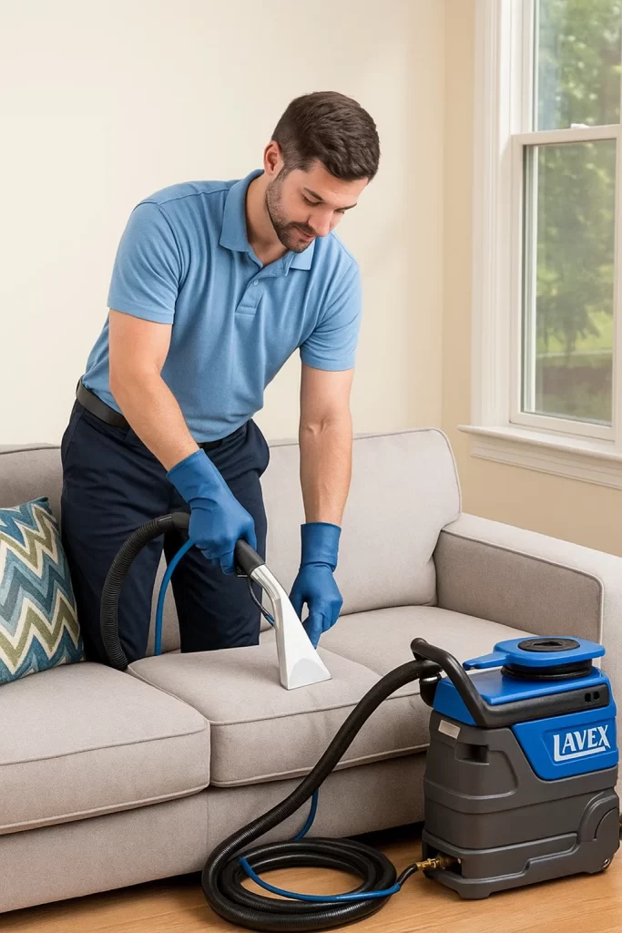 Professional upholstery cleaning by an Angelo's Hard Floor & Duct Cleaning team member