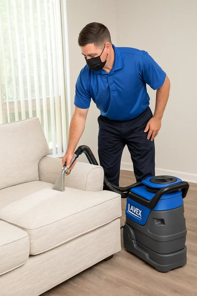 Professional upholstery cleaning by an Angelo's Hard Floor & Duct Cleaning team member