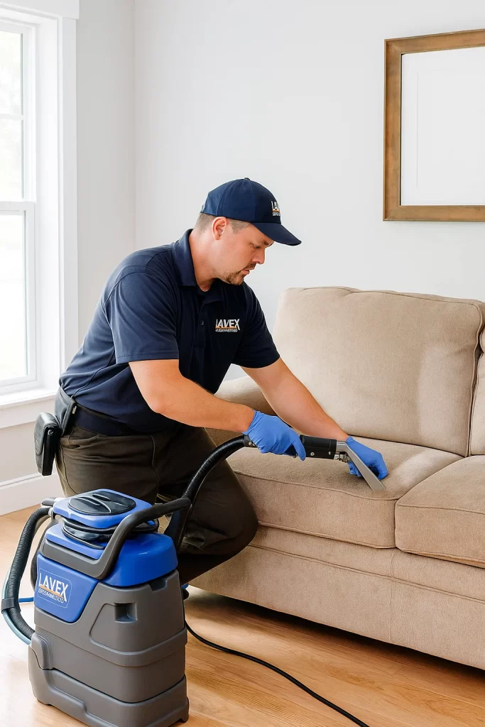 Professional upholstery cleaning by an Angelo's Hard Floor & Duct Cleaning team member