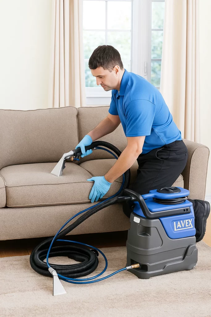 Professional upholstery cleaning by an Angelo's Hard Floor & Duct Cleaning team member