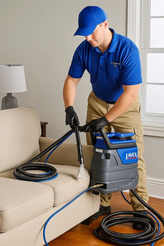 Professional upholstery cleaning by an Angelo's Hard Floor & Duct Cleaning team member