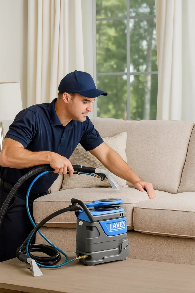Professional upholstery cleaning by an Angelo's Hard Floor & Duct Cleaning team member