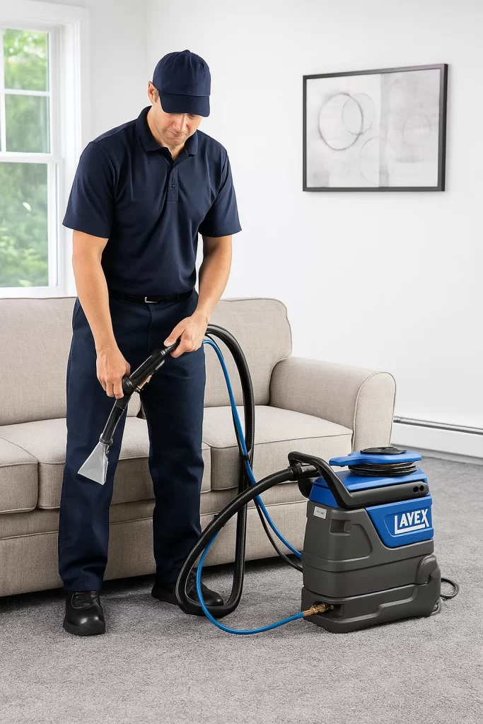 Professional upholstery cleaning by an Angelo's Hard Floor & Duct Cleaning team member