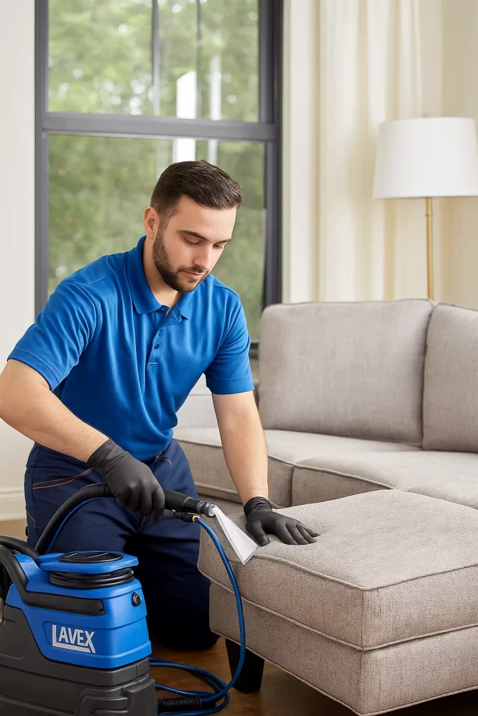 Professional upholstery cleaning by an Angelo's Hard Floor & Duct Cleaning team member