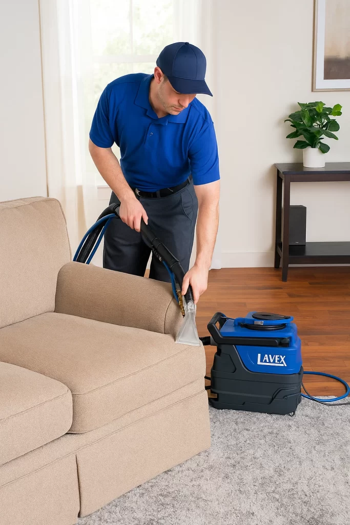 Professional upholstery cleaning by an Angelo's Hard Floor & Duct Cleaning team member