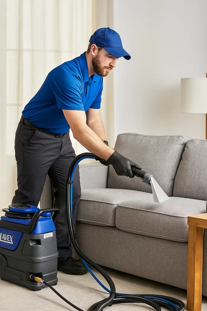 Professional upholstery cleaning by an Angelo's Hard Floor & Duct Cleaning team member