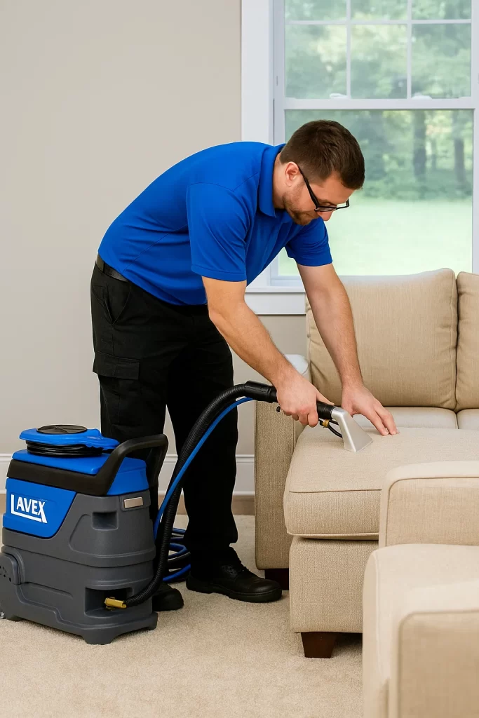 Professional upholstery cleaning by an Angelo's Hard Floor & Duct Cleaning team member