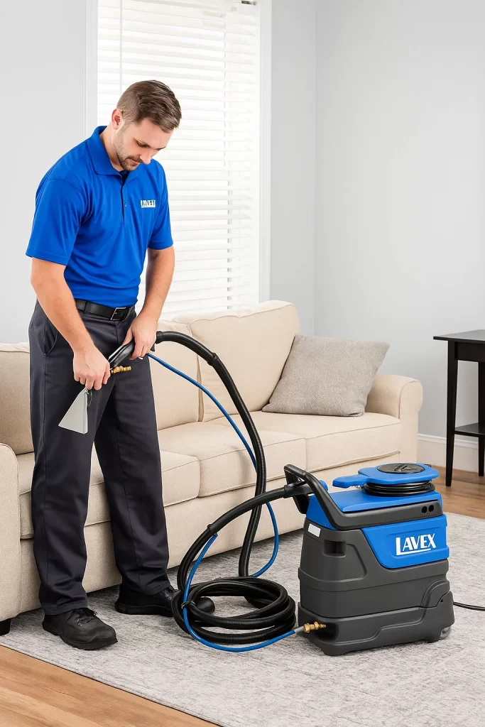 Professional upholstery cleaning by an Angelo's Hard Floor & Duct Cleaning team member