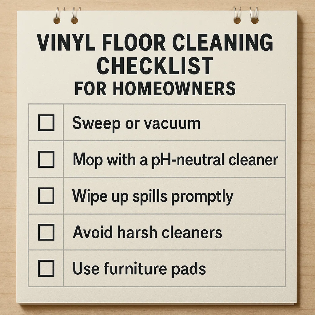 Printed checklist and microfiber tools laid out on a vinyl floor