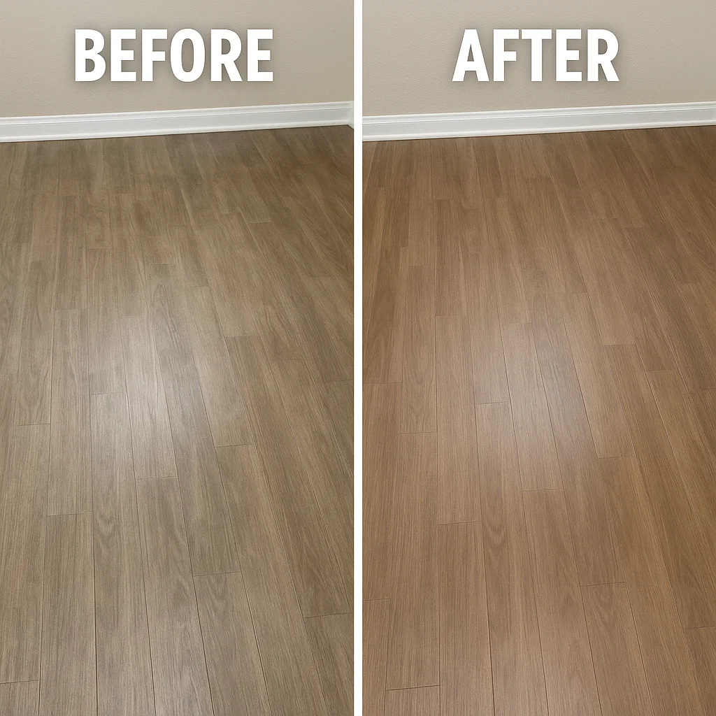 Before and after seasonal deep clean on vinyl tile