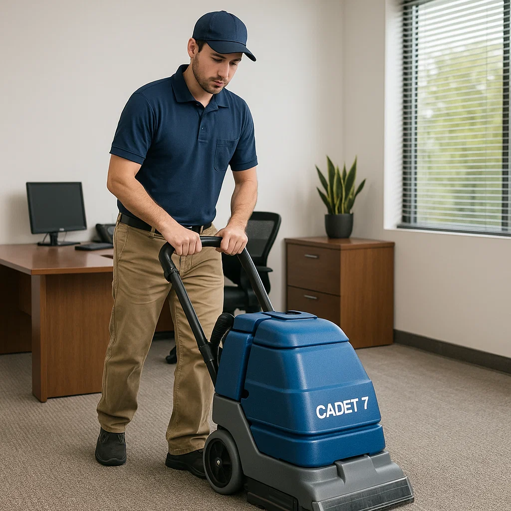 Technician deep-cleaning carpet with professional extractor