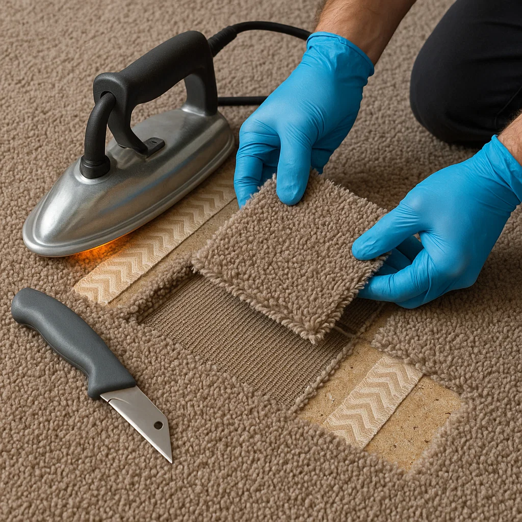 Patch repair setup with seam tape and seaming iron