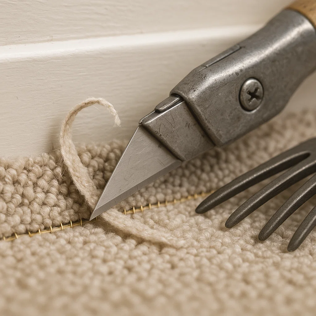 Trimming excess carpet and tucking onto tack strip