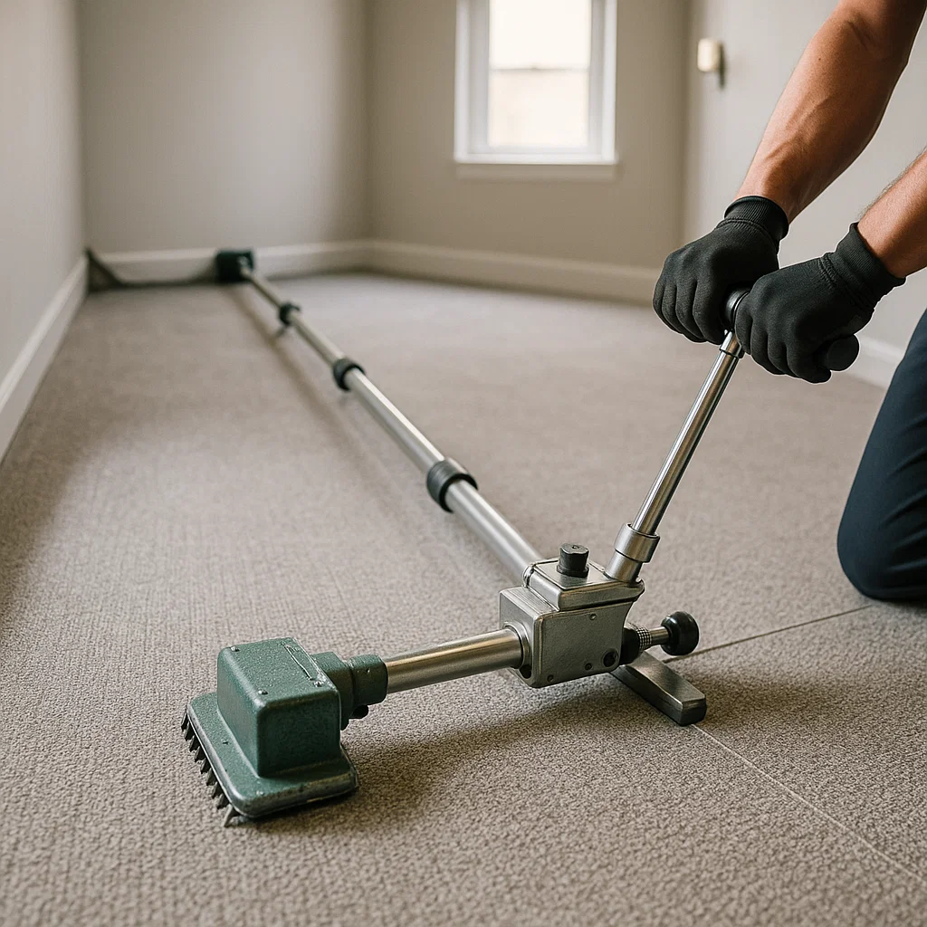 Power stretcher set up wall-to-wall for wrinkle removal