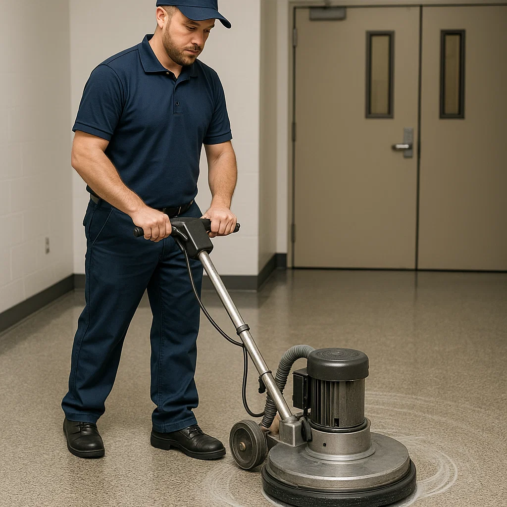 Technician scrubbing composite floor with neutral cleaner
