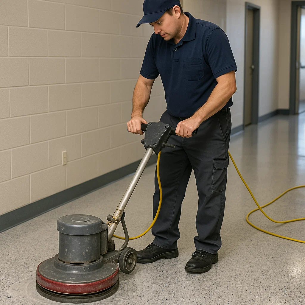 Worker machine-scrubbing VCT in commercial hallway