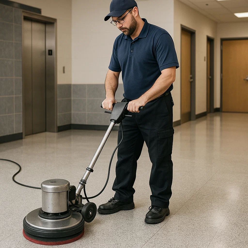 Commercial lobby composite floor being restored
