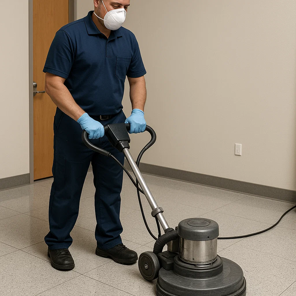Technician applying sealer evenly across vinyl tiles