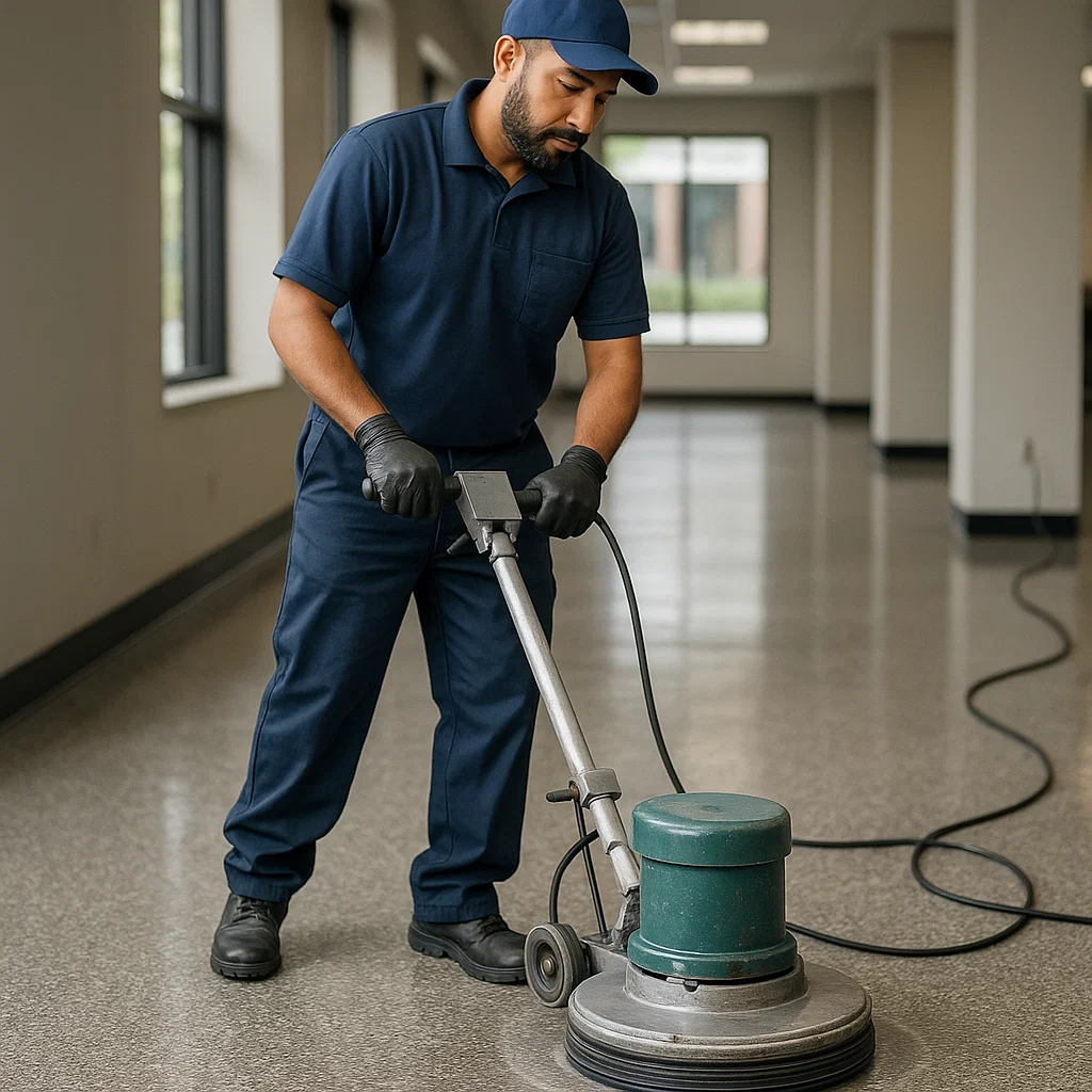 Before and after composite floor cleaning — clinic hallway
