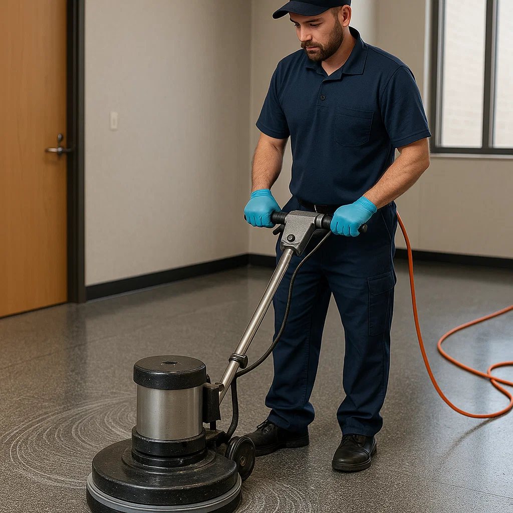 Operator using neutral cleaner on safety flooring