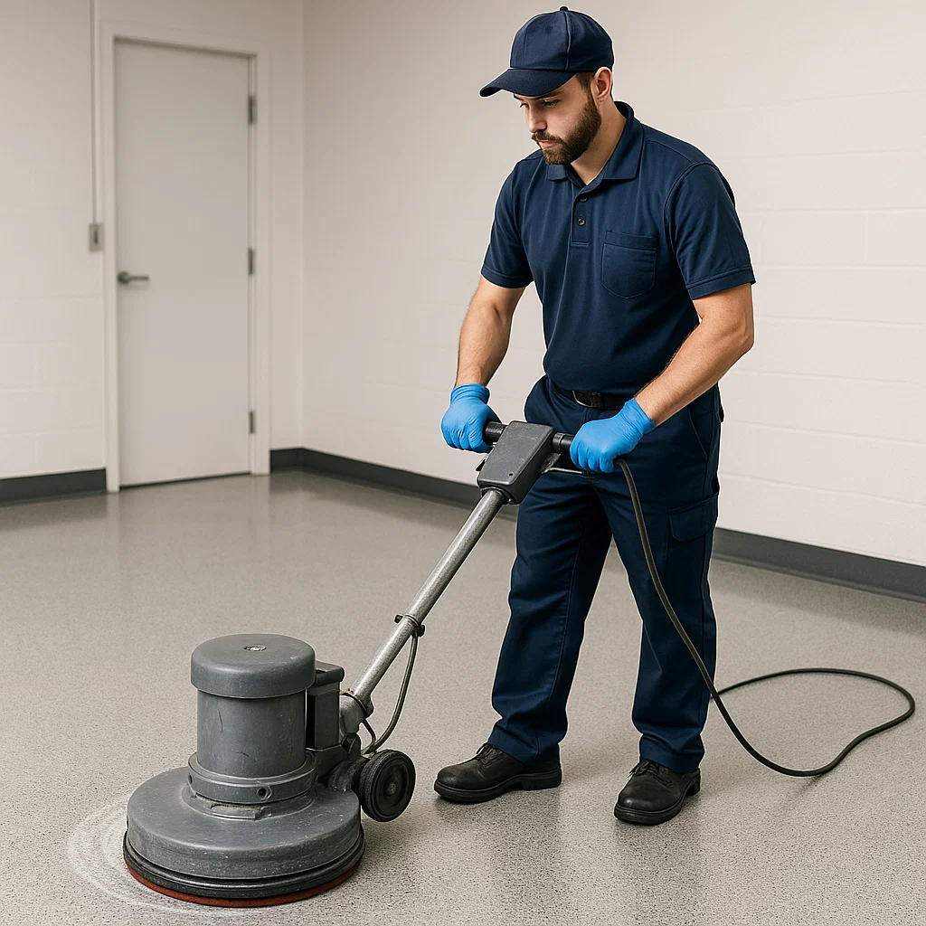 Before and after composite floor cleaning — university hall