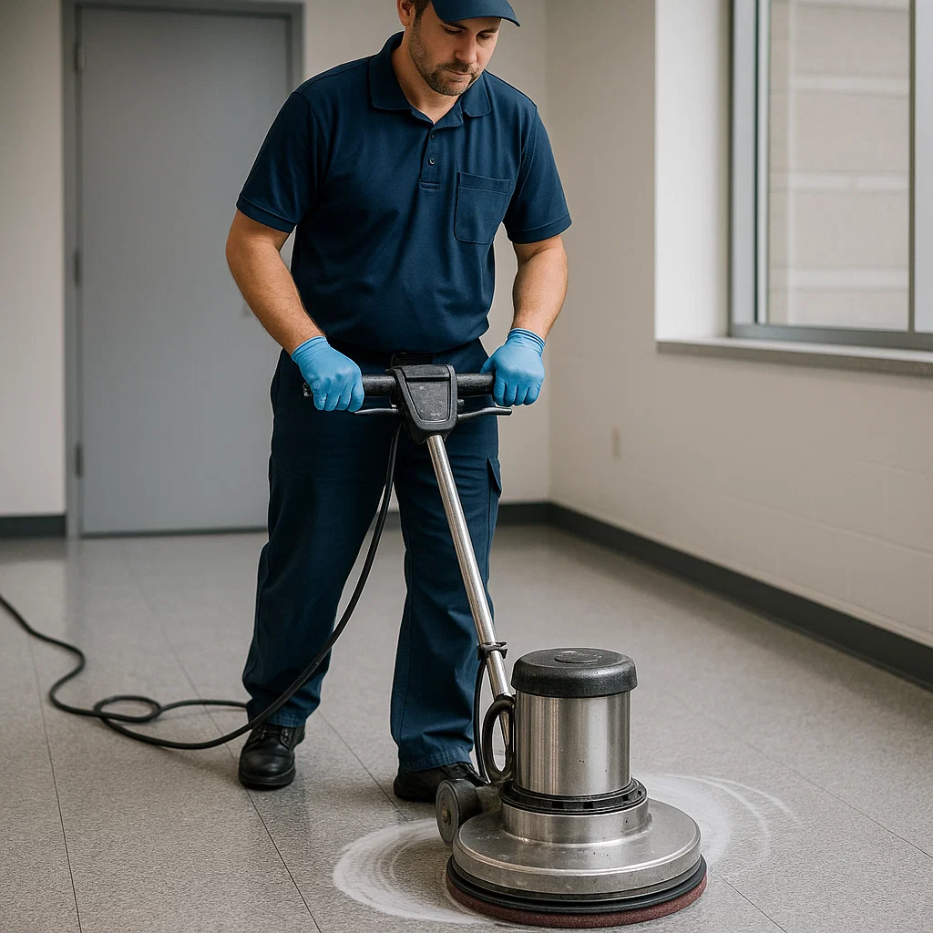 Maintenance crew detailing floor corners and edges