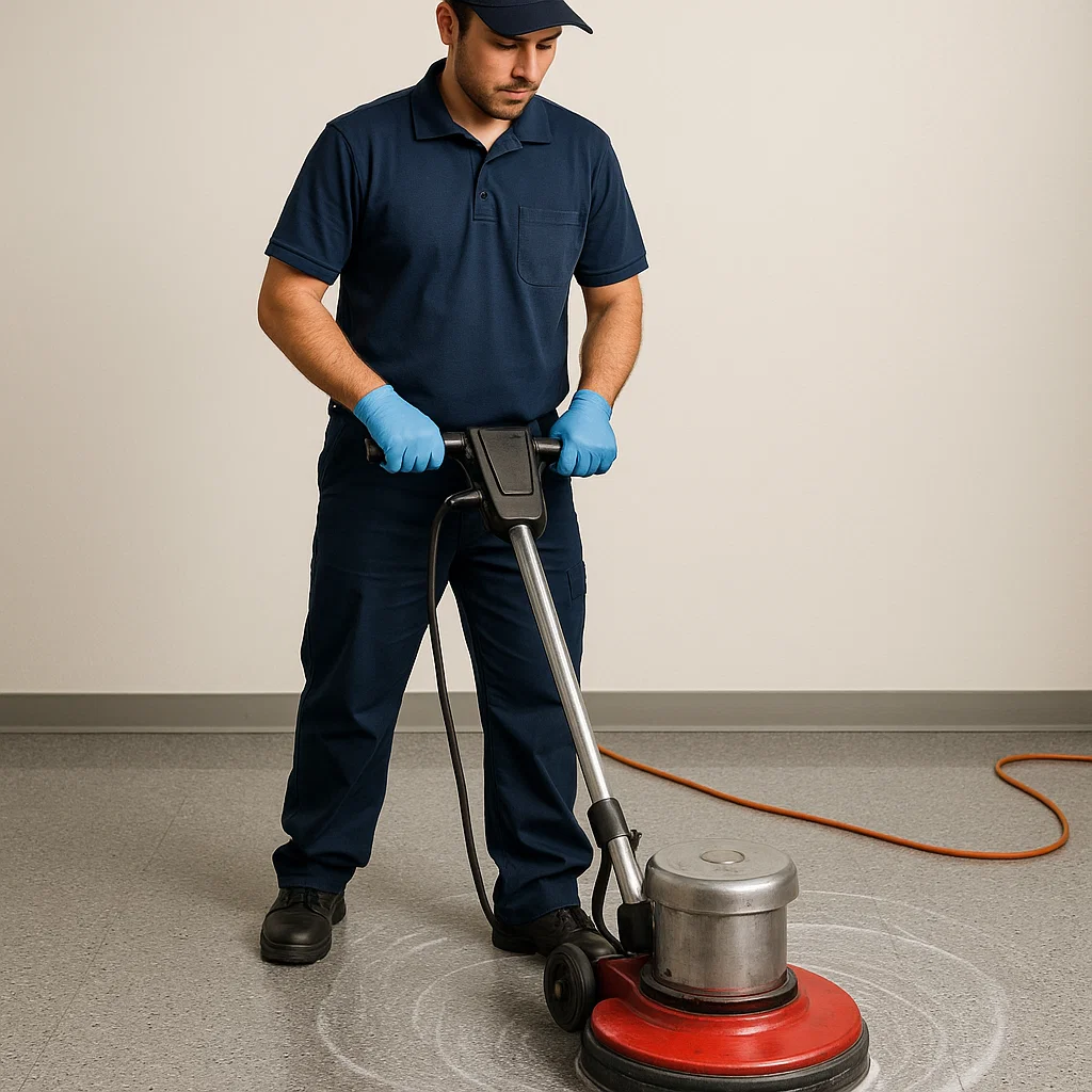 Before and after composite floor cleaning — library aisle