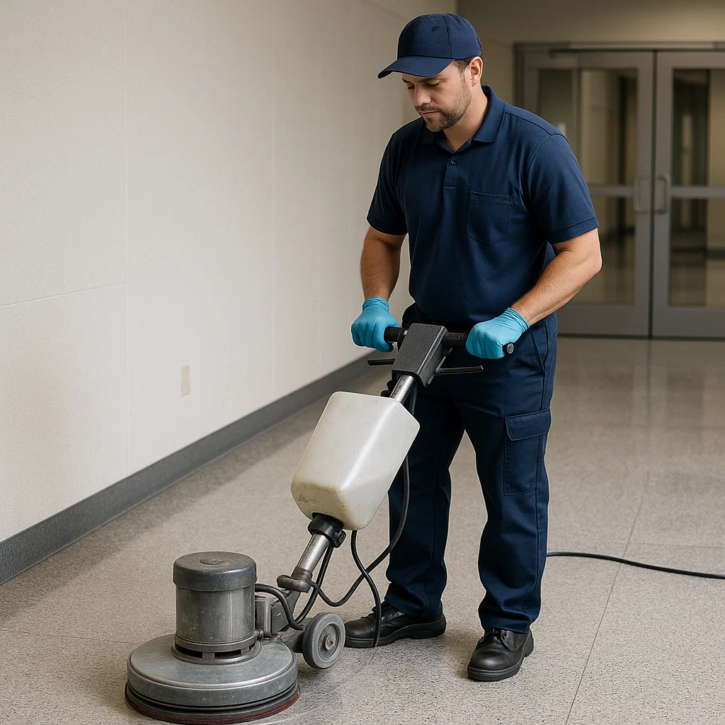 Low-odor cleaner applied to LVT during floor scrub