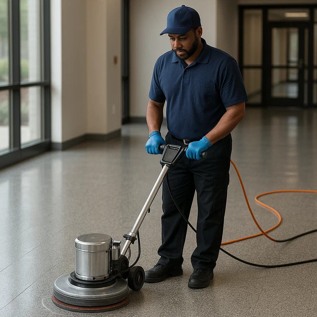 Before and after composite floor cleaning — school cafeteria