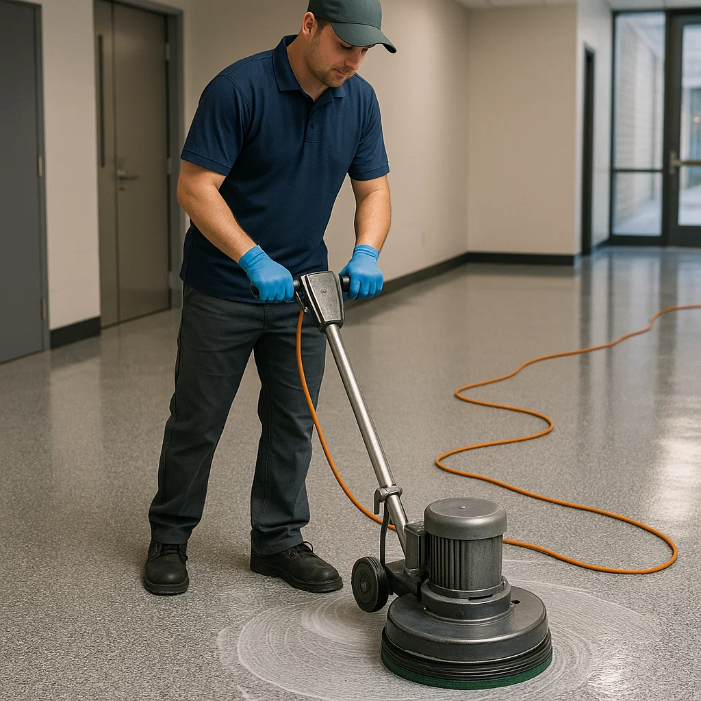 Before and after composite floor cleaning — hotel lobby