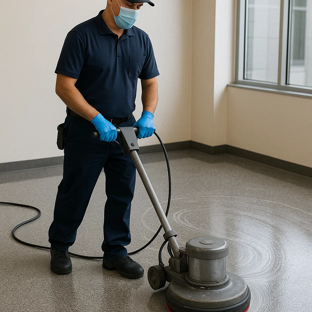 Technician cleaning floor edges manually