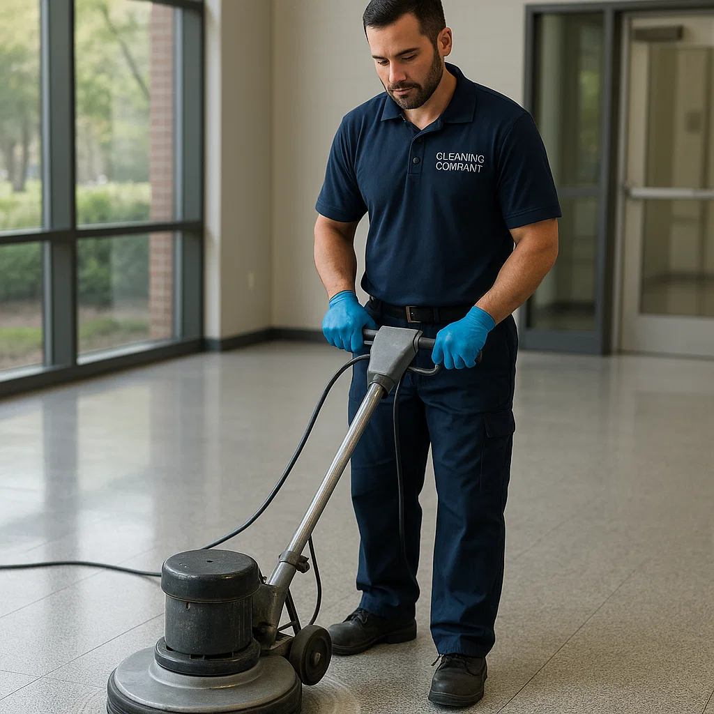 Before and after composite floor cleaning — school hallway