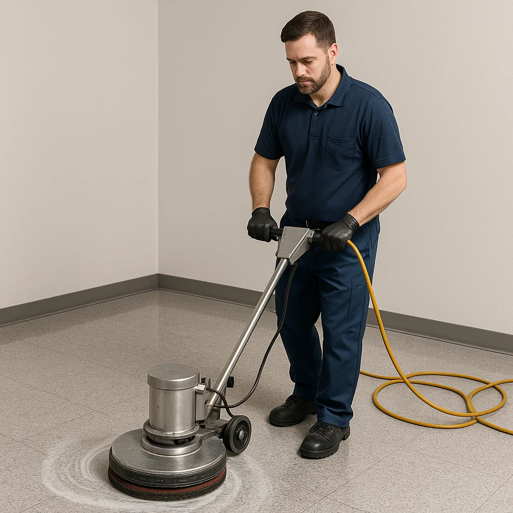 Worker wiping baseboards after floor cleaning