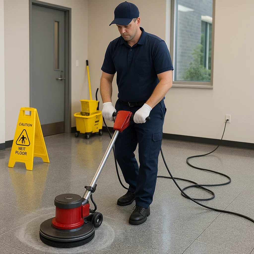 Crew polishing vinyl composite in hallway