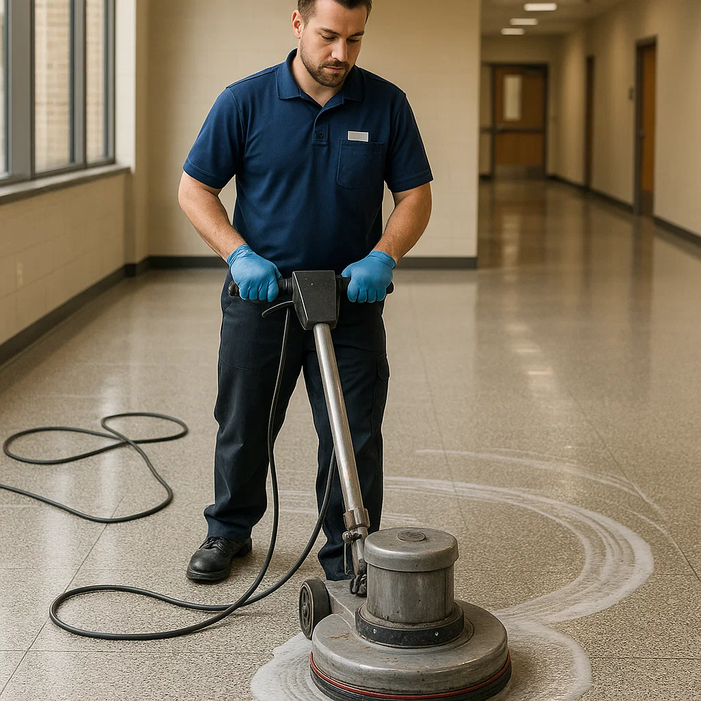 Before and after composite floor cleaning — tenant hallway
