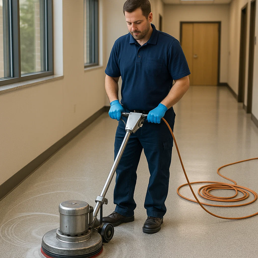 Worker maintaining steady motion with scrubber