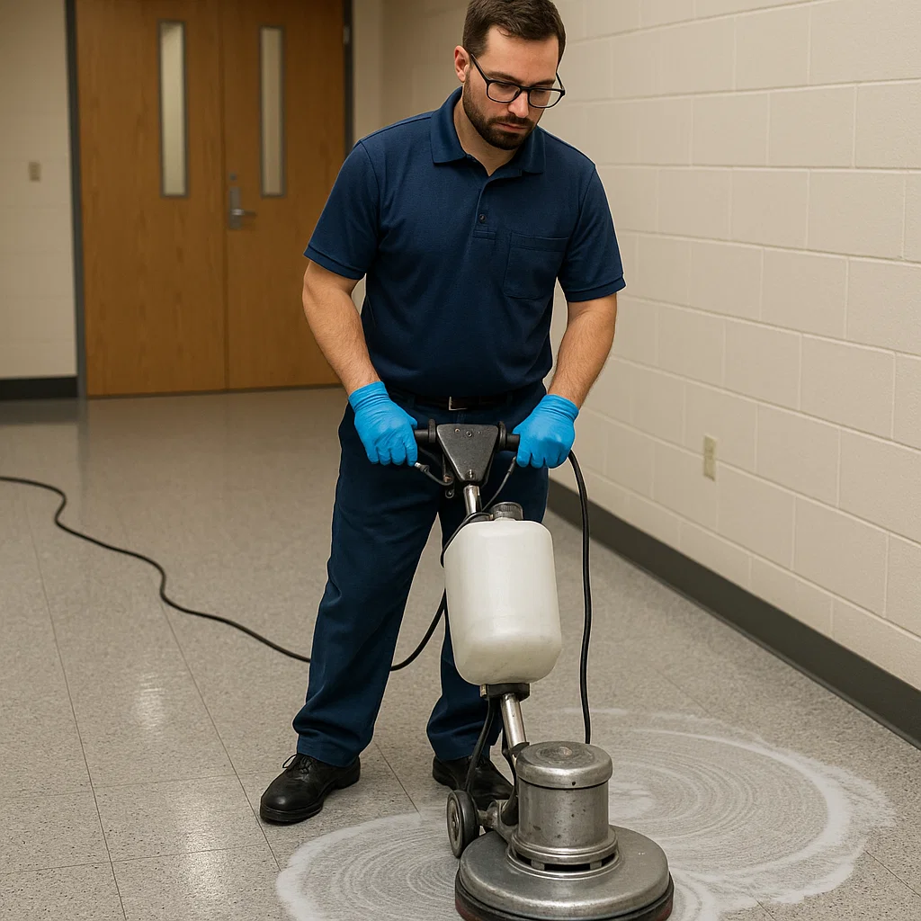Worker polishing floor with low-speed buffer