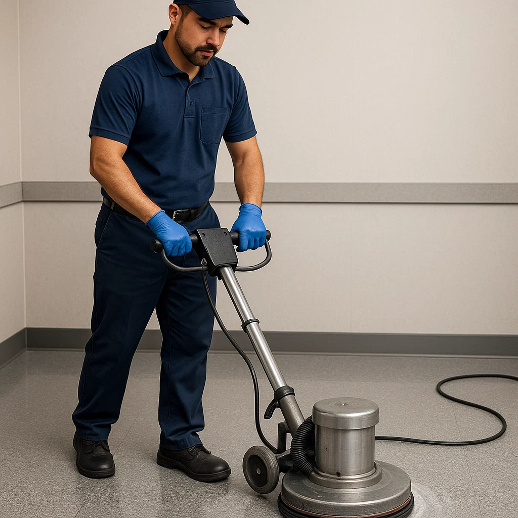 Crew mopping excess rinse water carefully