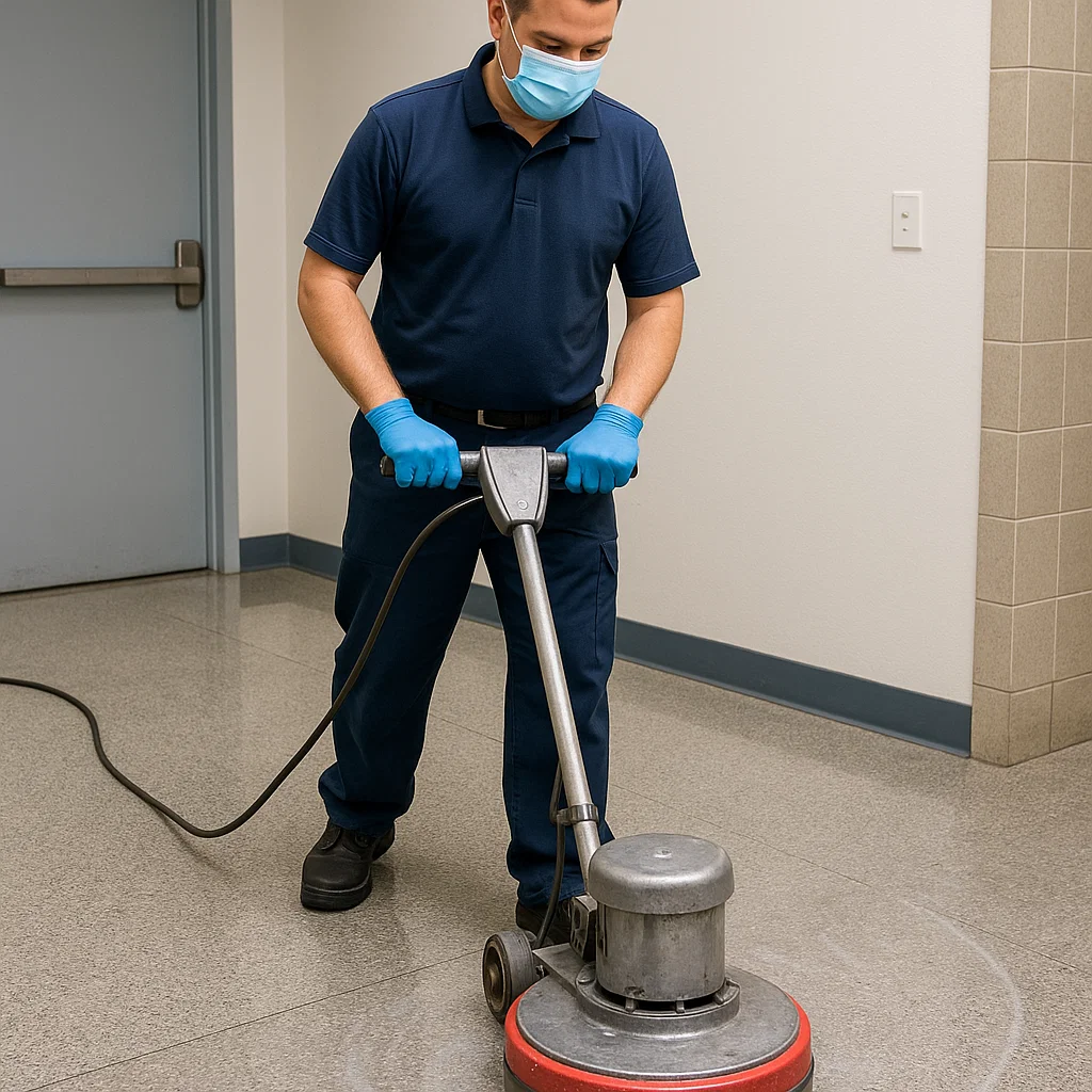 Technician wiping down nearby fixtures