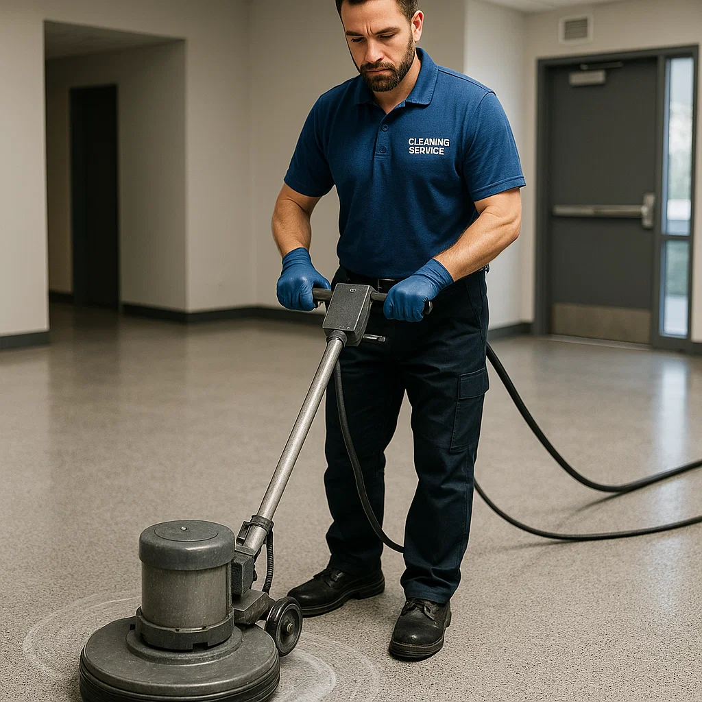 Before and after composite floor cleaning — manufacturing office
