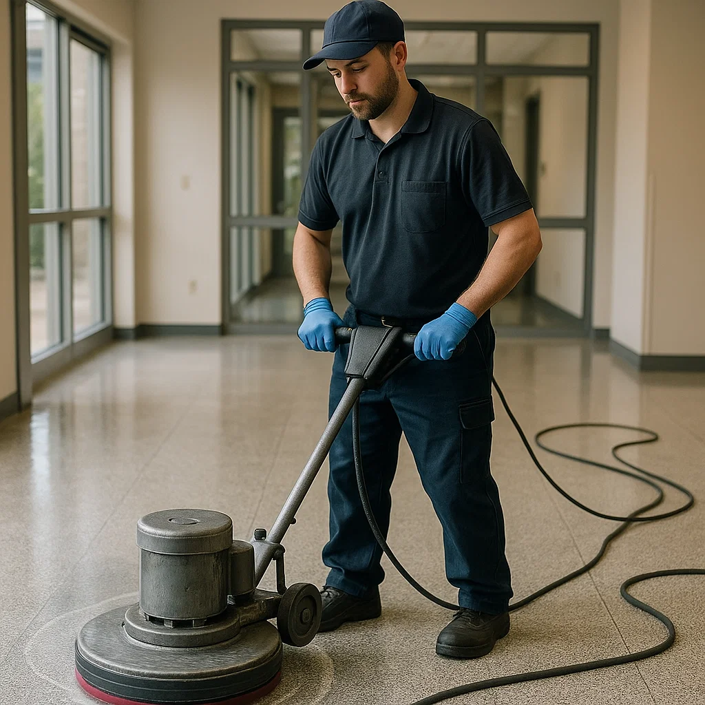 Worker detailing floor near threshold