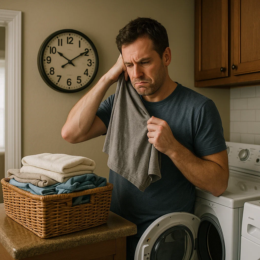 Frustrated homeowner waiting while dryer runs, laundry piled nearby