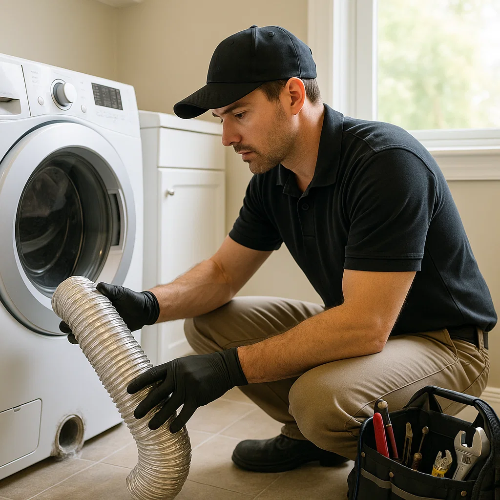 Technician inspecting a dryer vent behind a machine with tools nearby
