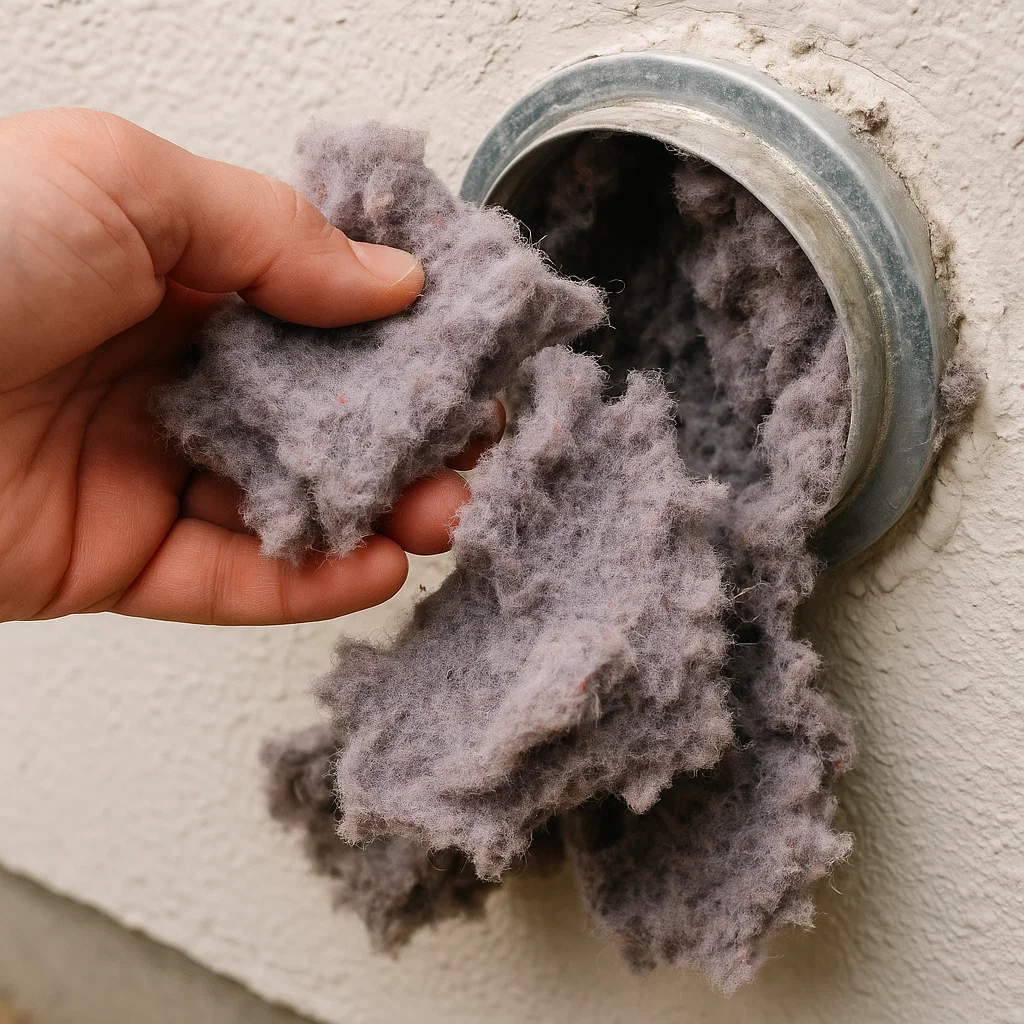 Hand pulling large chunks of lint out of a clogged dryer vent opening