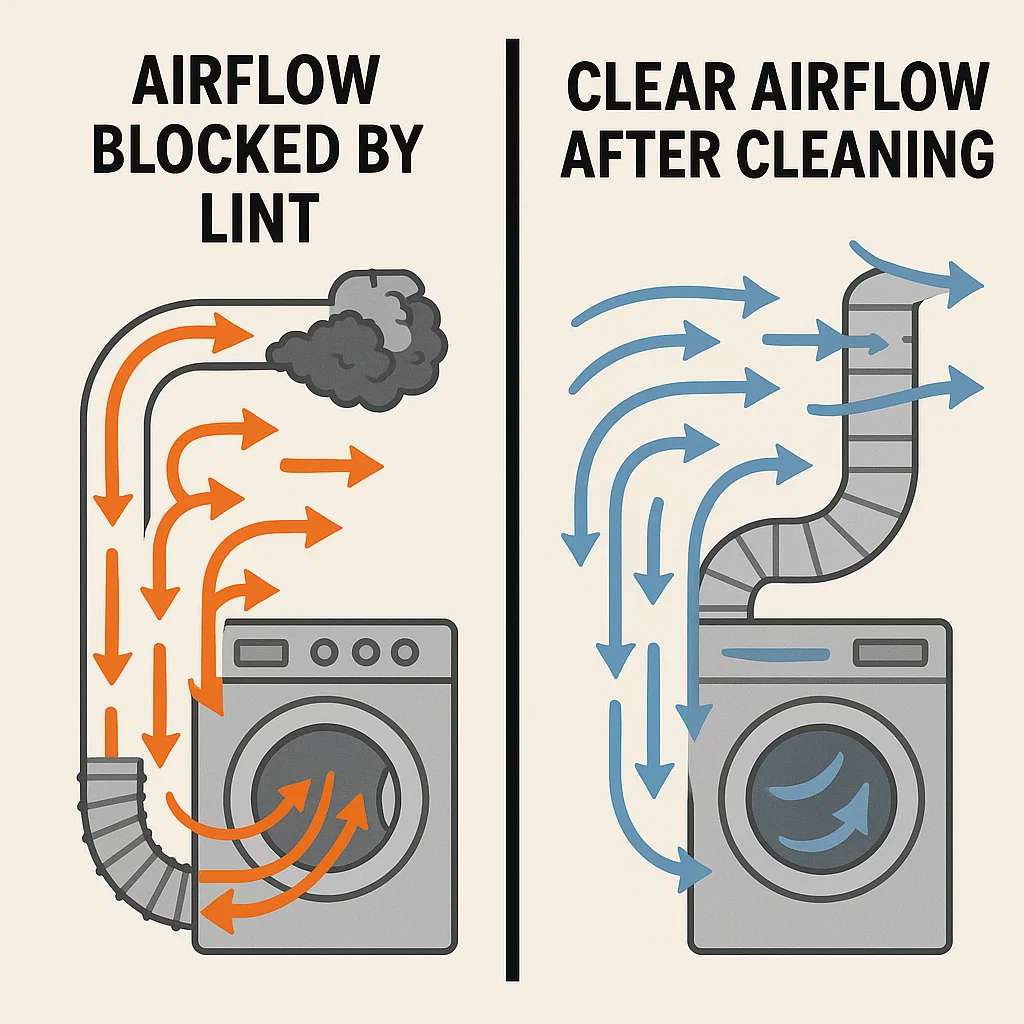 Infographic cutaway showing blocked dryer airflow vs clean airflow