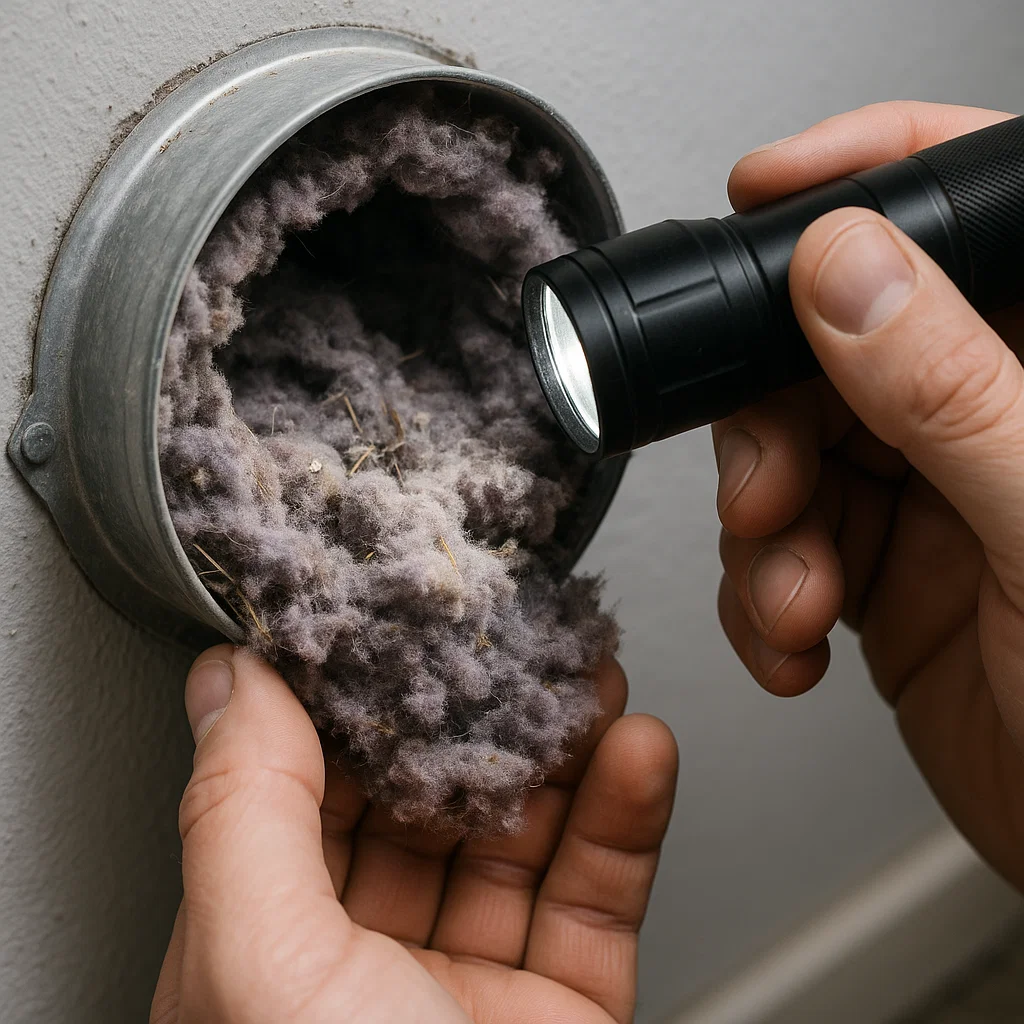 Close-up of clogged dryer vent filled with lint and debris